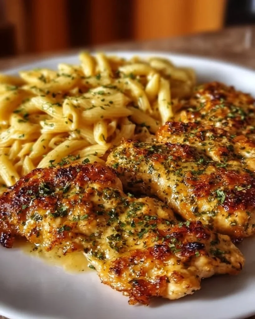 Cheddar Parmesan Garlic Butter Chicken with creamy penne pasta dish
