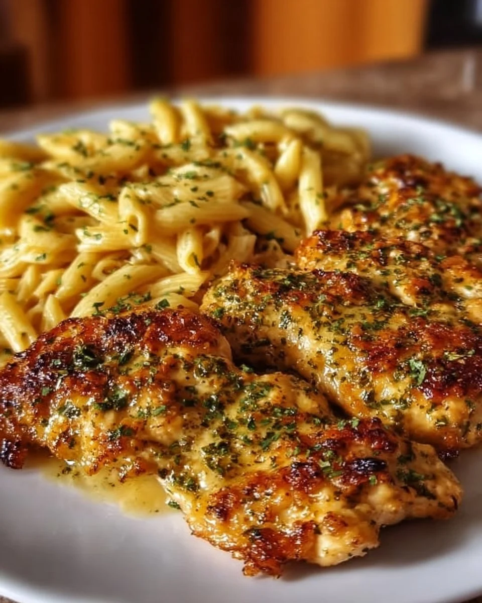 Cheddar Parmesan Garlic Butter Chicken with creamy penne pasta dish