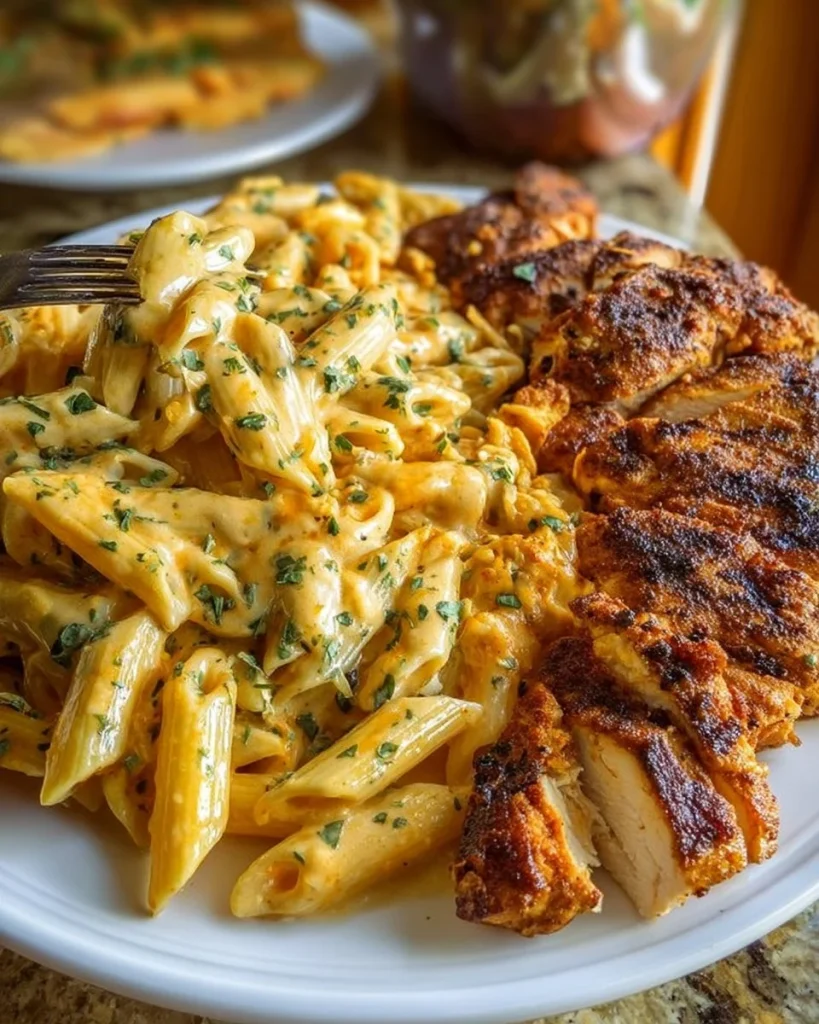 Cheesy Alfredo Garlic Butter Chicken served with Penne Pasta in a creamy sauce