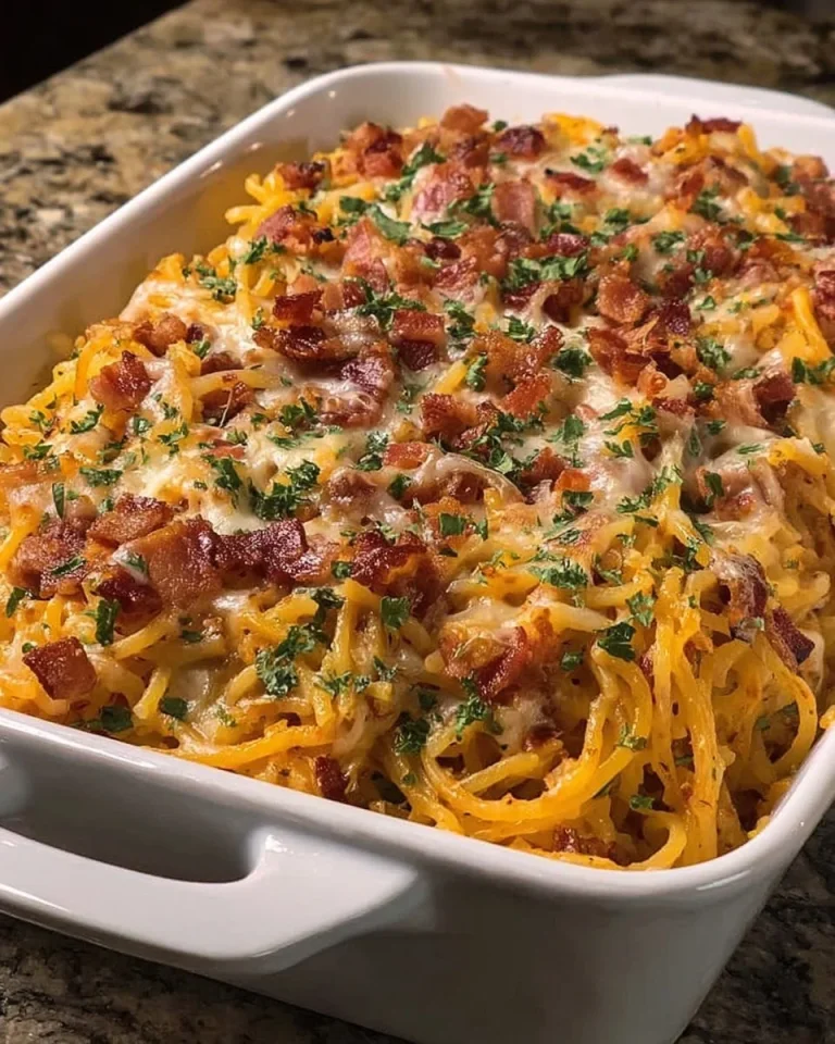 Plate of Cheesy Beef and Bacon Pasta topped with herbs and cheese