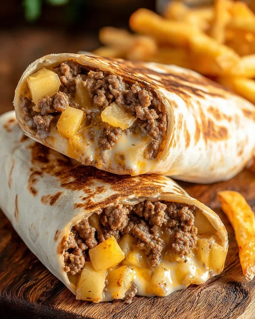 Cheesy beef and fry burritos topped with fresh ingredients and melted cheese
