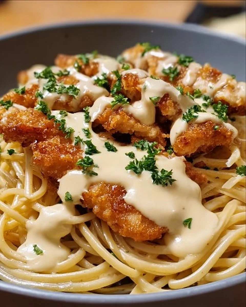 Cheesy chicken bites served with spaghetti in garlic parmesan sauce