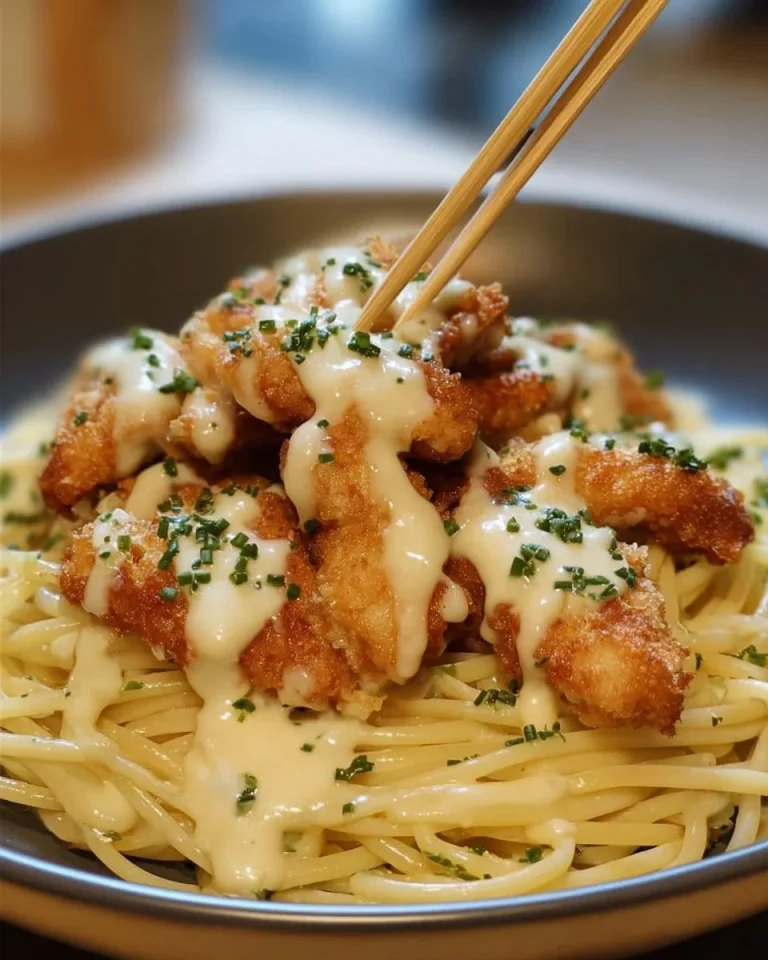 Cheesy chicken bites served with spaghetti in garlic parmesan sauce