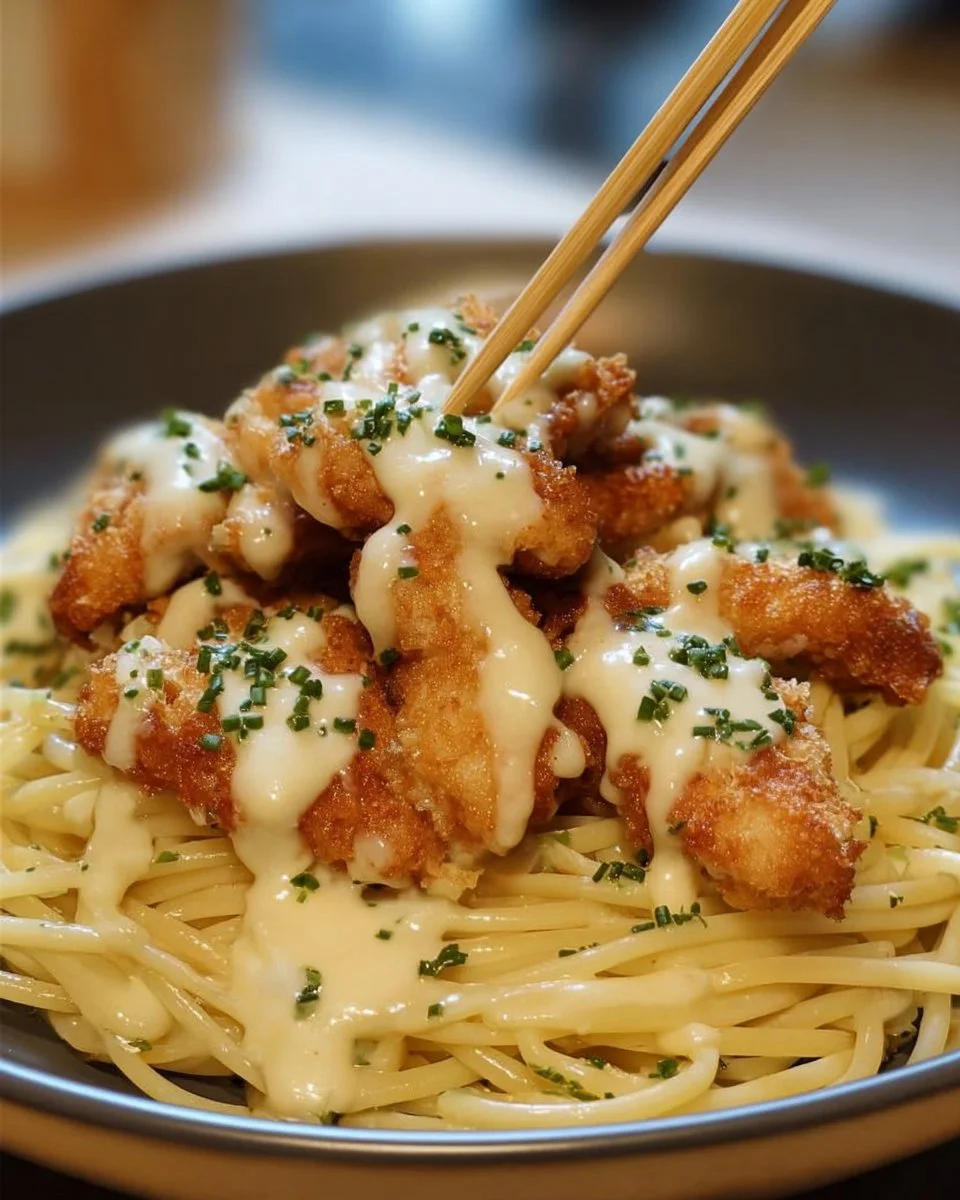 Cheesy chicken bites served with spaghetti in garlic parmesan sauce