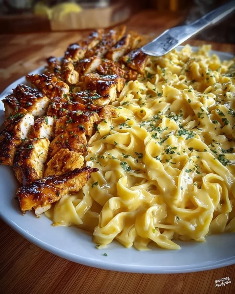 Cheesy Garlic Butter Chicken Fettuccine with creamy three-cheese sauce