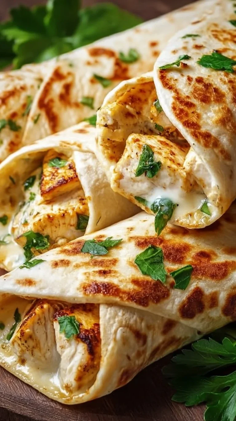 Cheesy garlic chicken wraps served on a plate with fresh ingredients