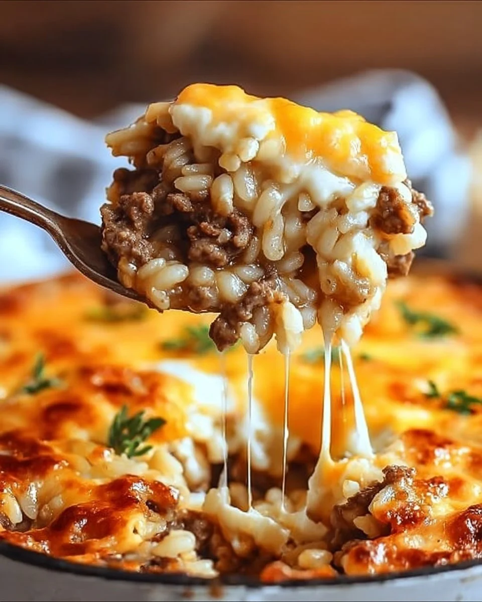 Delicious Cheesy Ground Beef and Rice Casserole served in a baking dish