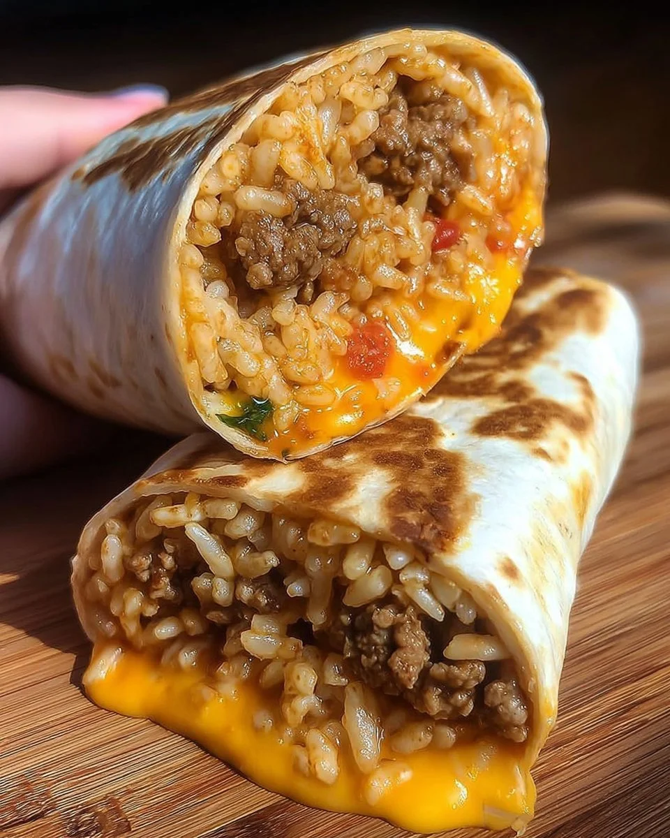 Cheesy Mexican rice burritos stuffed with rice, cheese, and spices