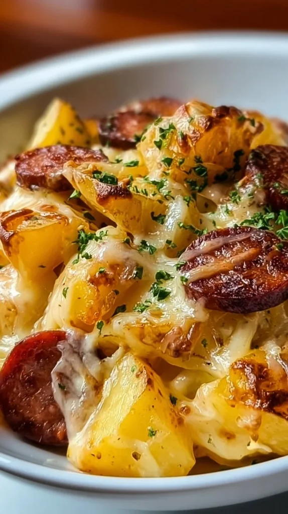 Delicious Cheesy Ranch Potatoes topped with Smoked Sausage