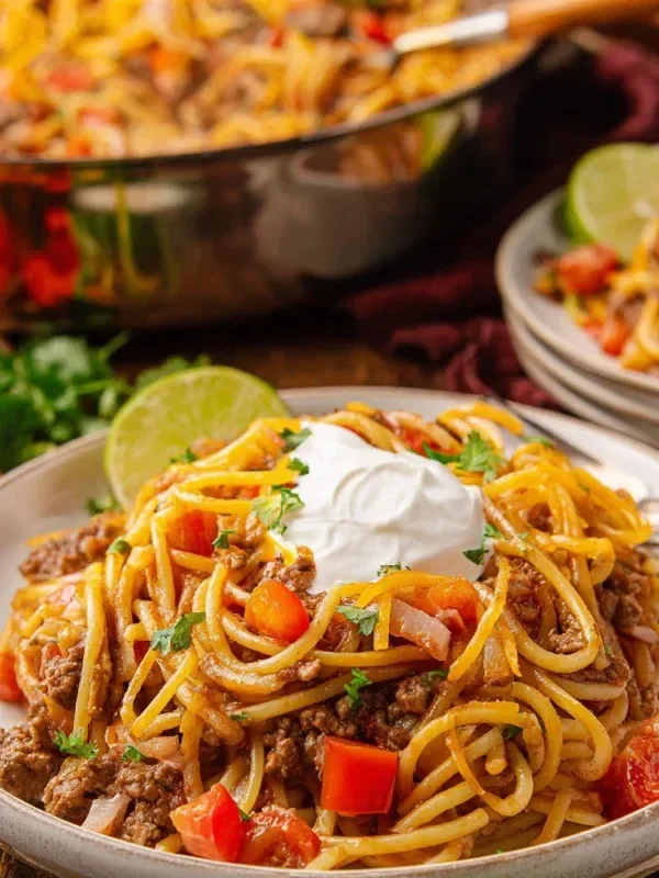 Cheesy taco spaghetti served in a bowl with garnishes.