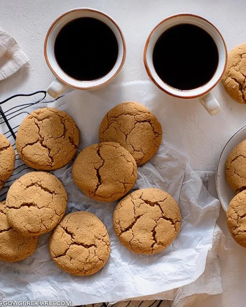 Homemade chewy ginger cookies on a plate, sprinkled with sugar