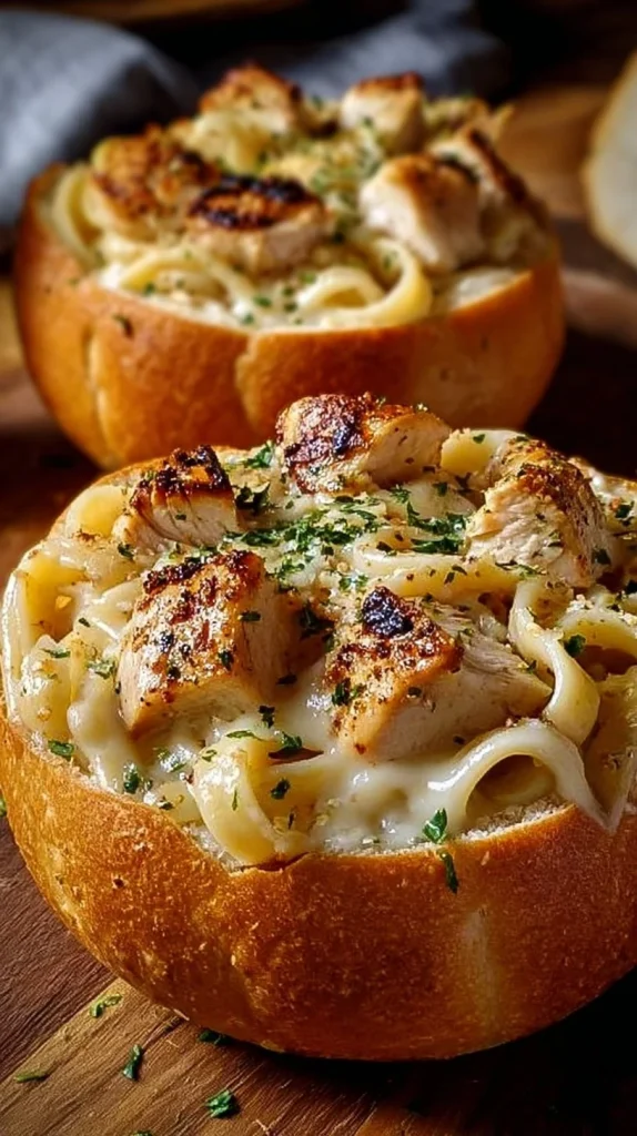 Chicken Alfredo served in garlic bread bowls, a delicious and unique twist