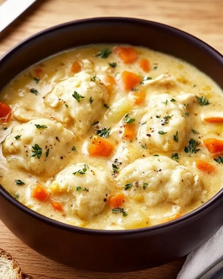 Bowl of Chicken Dumplings Soup with tender chicken and fluffy dumplings