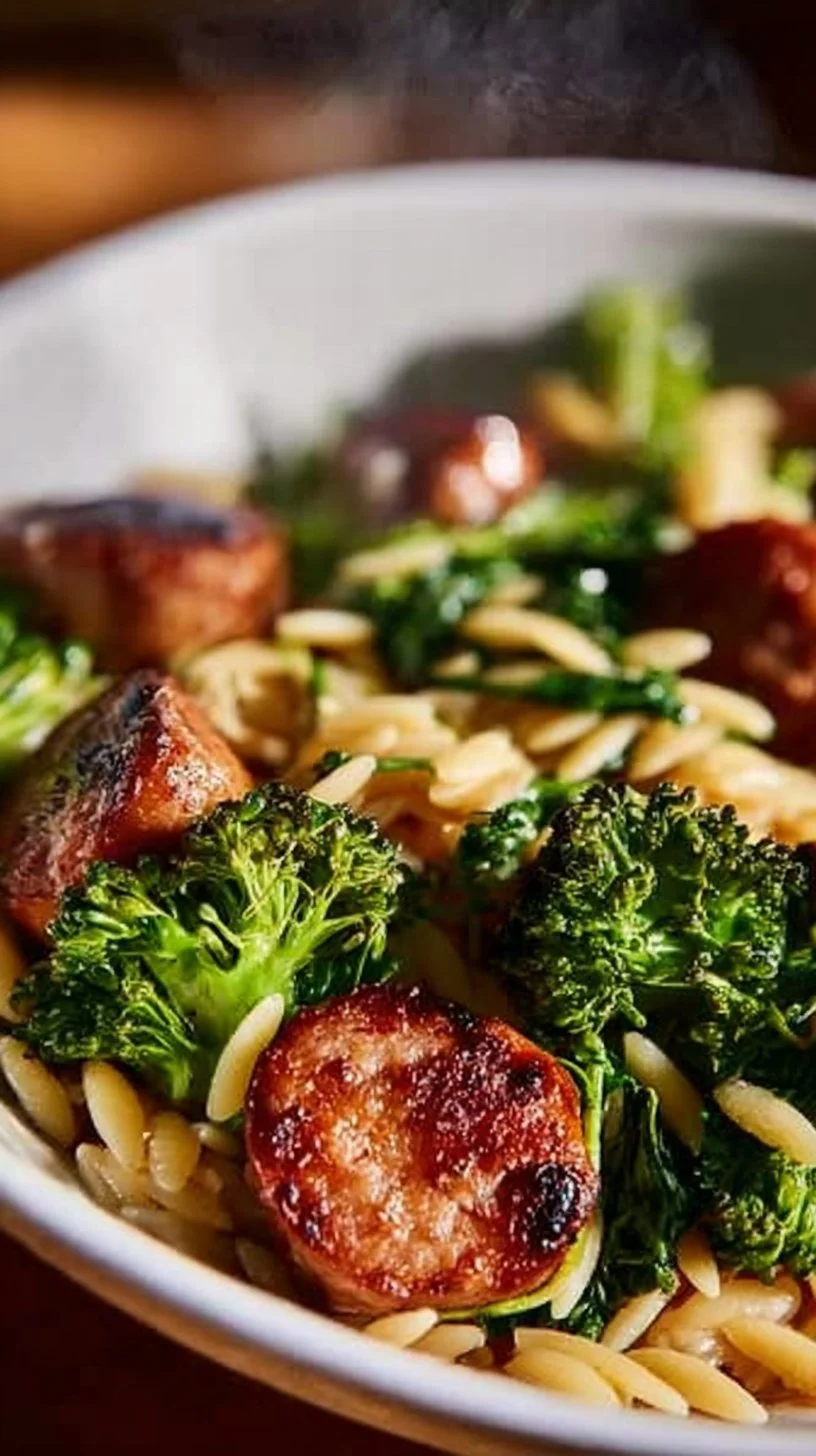 Plate of chicken sausage and broccoli orzo with fresh herbs