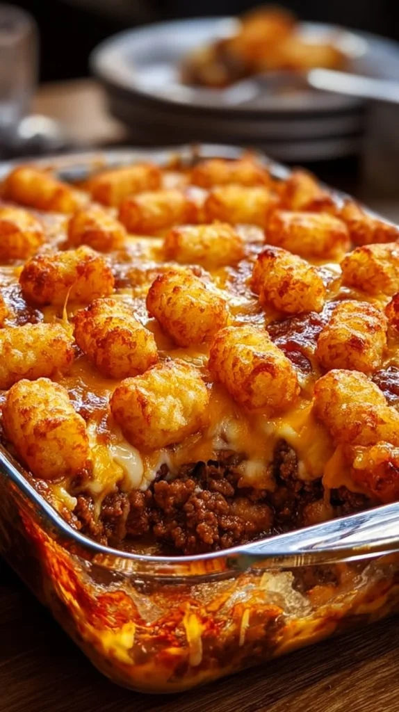 Delicious chili cheese tater tot casserole topped with melted cheese and savory chili