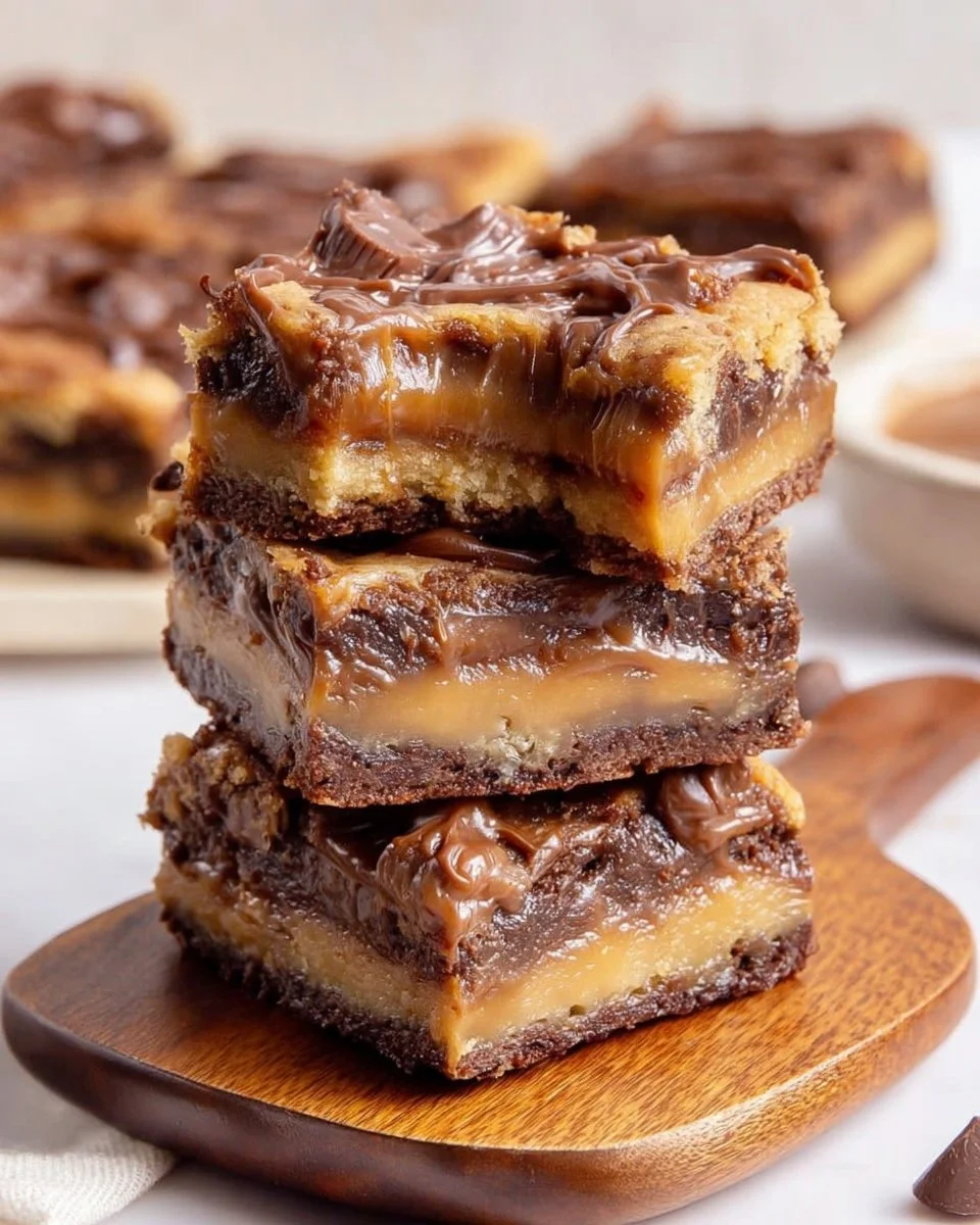 Delicious chocolate caramel peanut butter bars on a wooden table