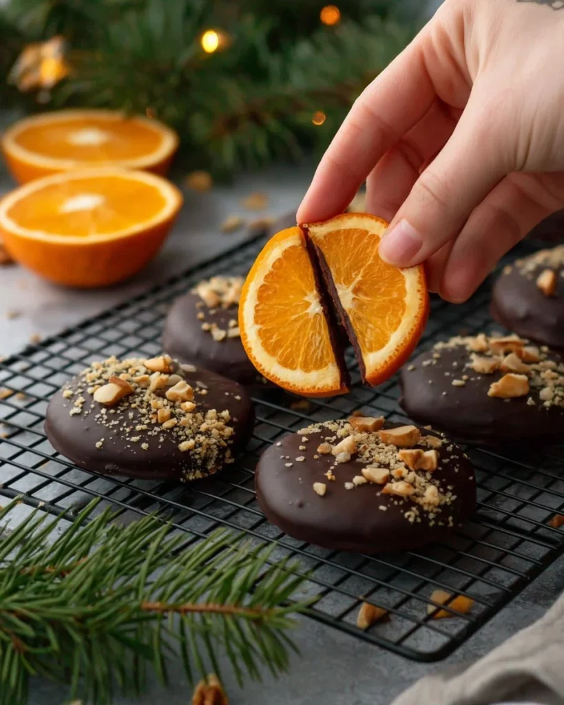Delicious chocolate-dipped oranges served on a white plate