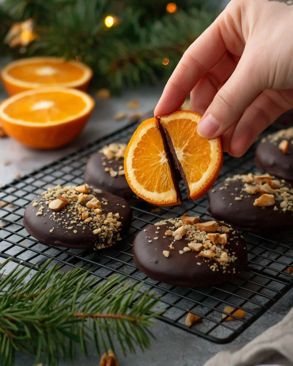 Delicious chocolate-dipped oranges served on a white plate