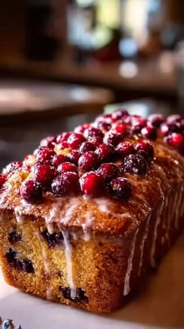Slice of Christmas cranberry loaf on a festive table