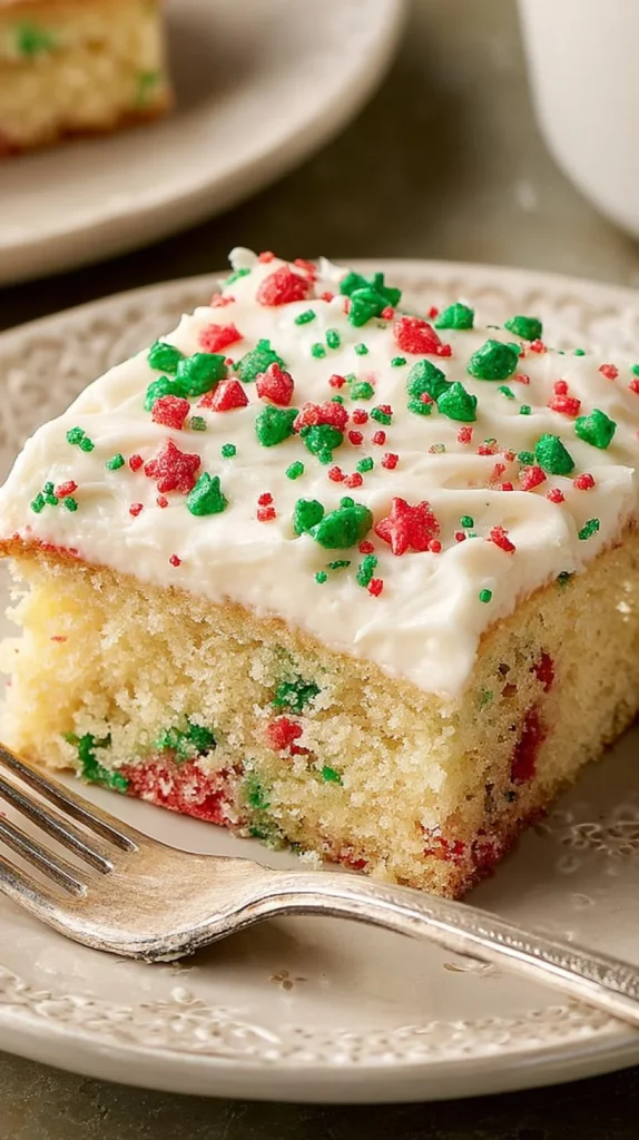 Christmas Funfetti Sheet Cake decorated with colorful sprinkles and frosting