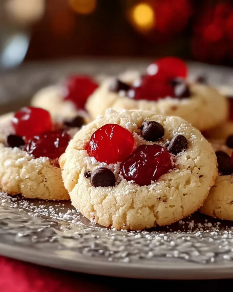 Plate of Christmas Maraschino Cherry Shortbread Cookies decorated for the holidays.