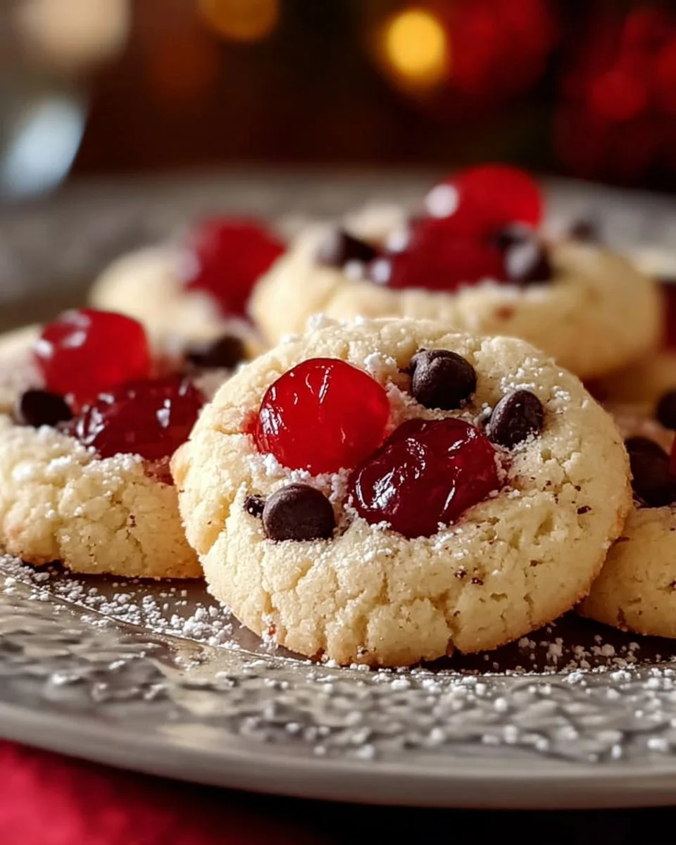 Plate of Christmas Maraschino Cherry Shortbread Cookies decorated for the holidays.