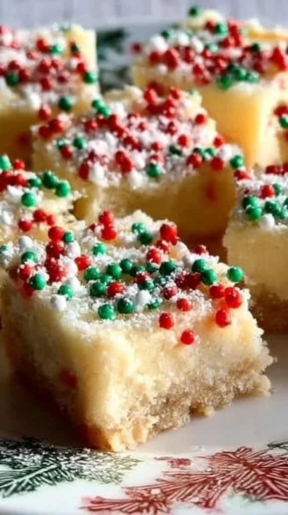 No-bake Christmas sugar cookie cheesecake bars on a festive plate