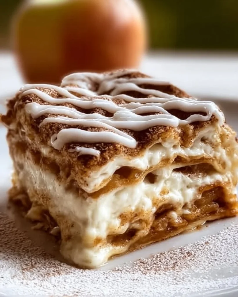 Delicious cinnamon roll apple lasagna layered with apples and cream for a sweet dessert.