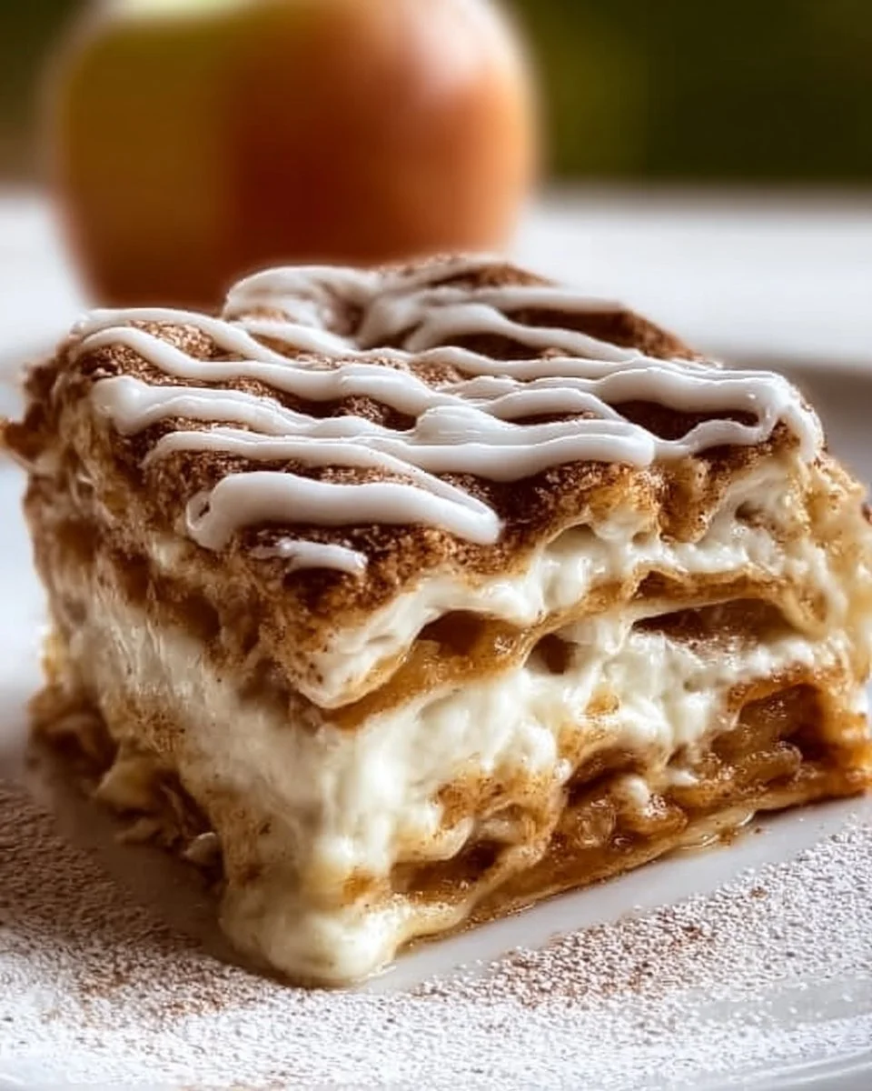 Delicious cinnamon roll apple lasagna layered with apples and cream for a sweet dessert.