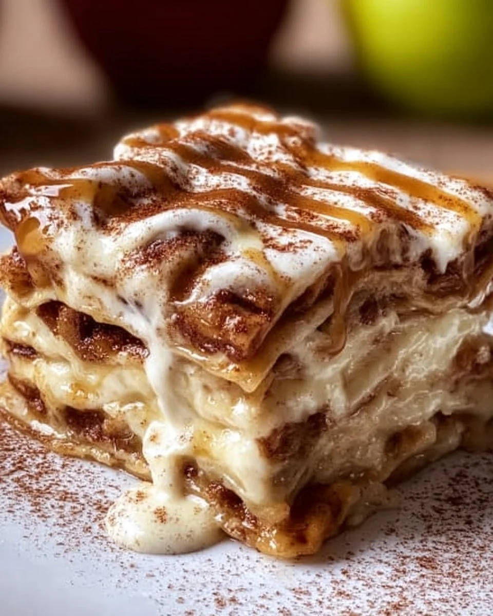 Delicious cinnamon roll apple lasagna with layers of cinnamon, apples and dough
