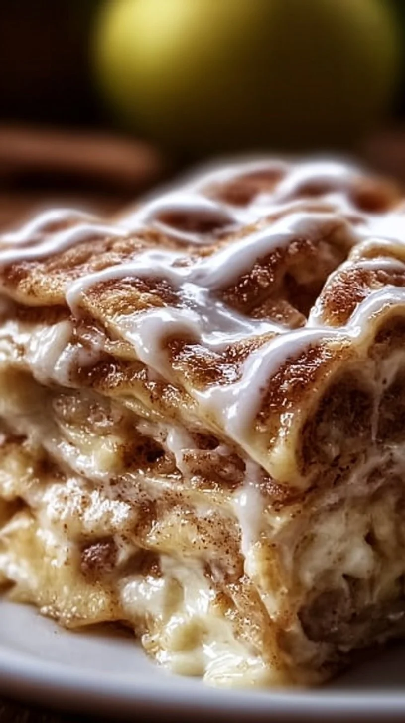 Delicious cinnamon roll apple lasagna with layers of apple filling and creamy icing.