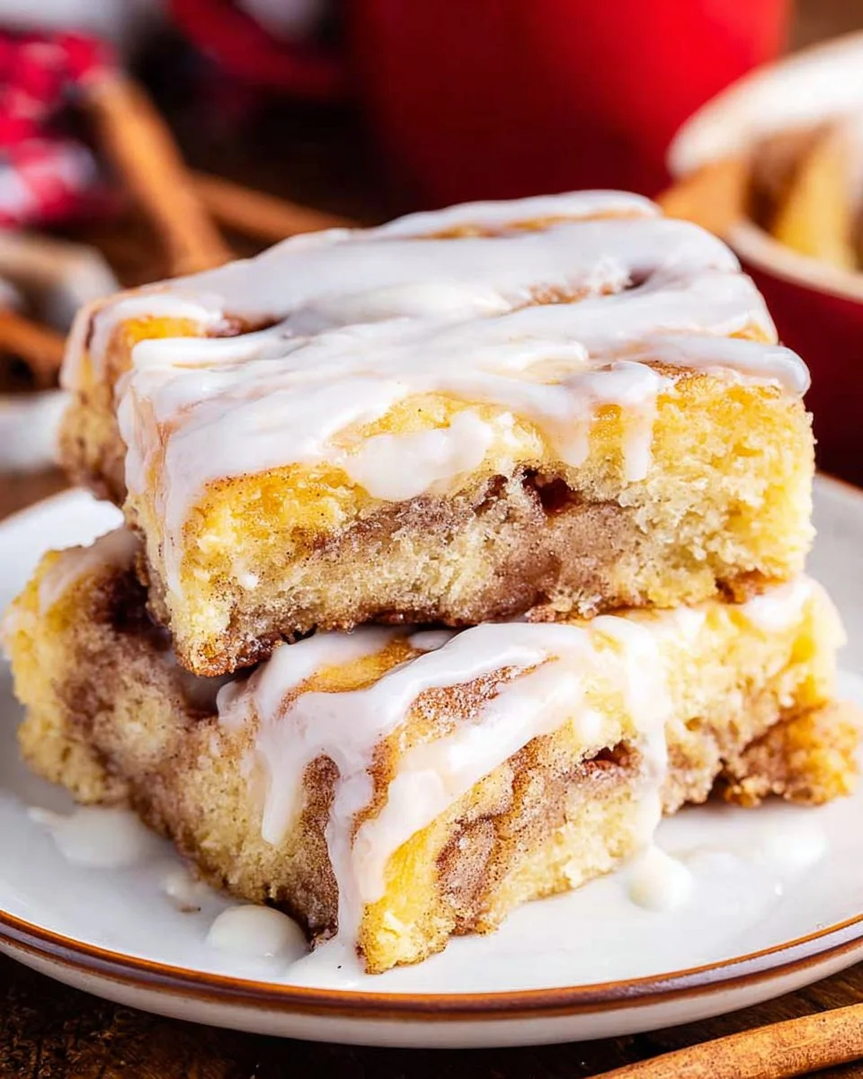Delicious cinnamon roll cake topped with icing on a plate