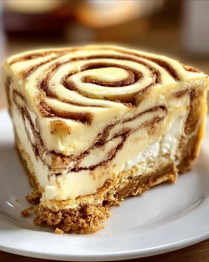 Delicious cinnamon roll cheesecake topped with swirls of cinnamon and cream cheese frosting