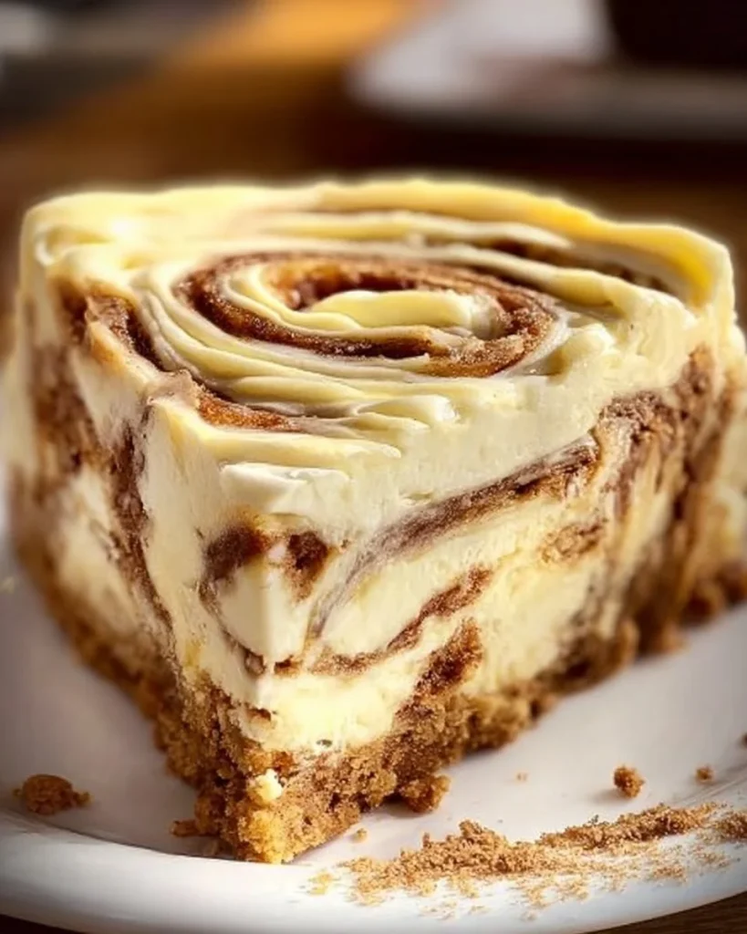 Delicious homemade Cinnamon Roll Cheesecake topped with cinnamon swirl and cream cheese frosting.
