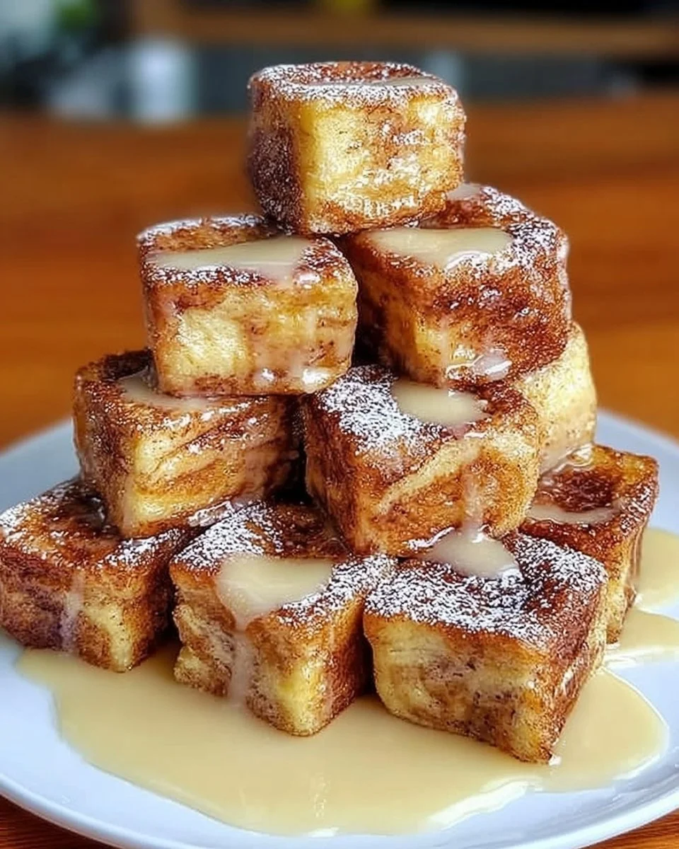 Cinnamon Roll French Toast Bites served on a plate with syrup.