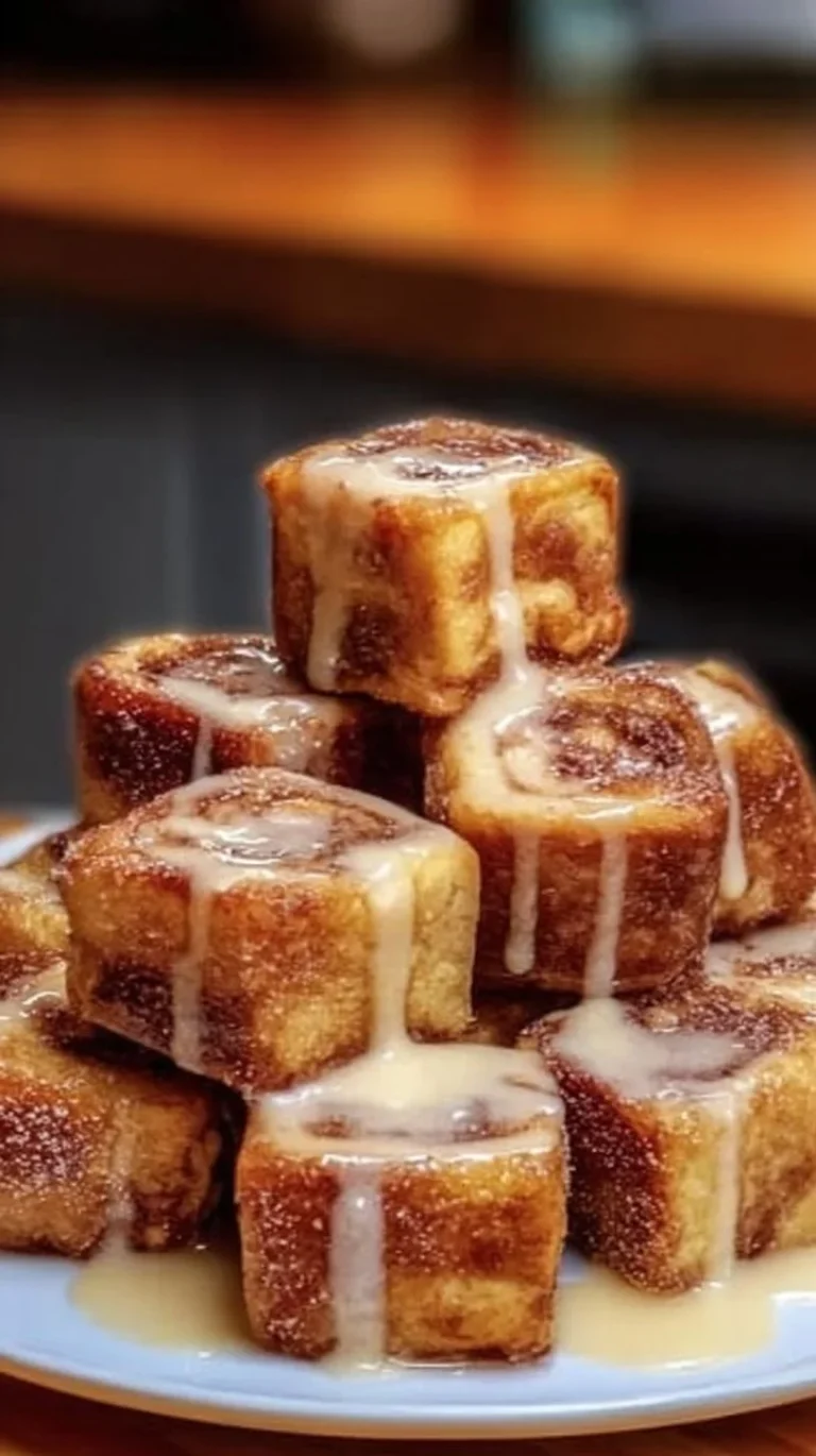Cinnamon Roll French Toast Bites served on a plate with syrup and a sprinkle of cinnamon
