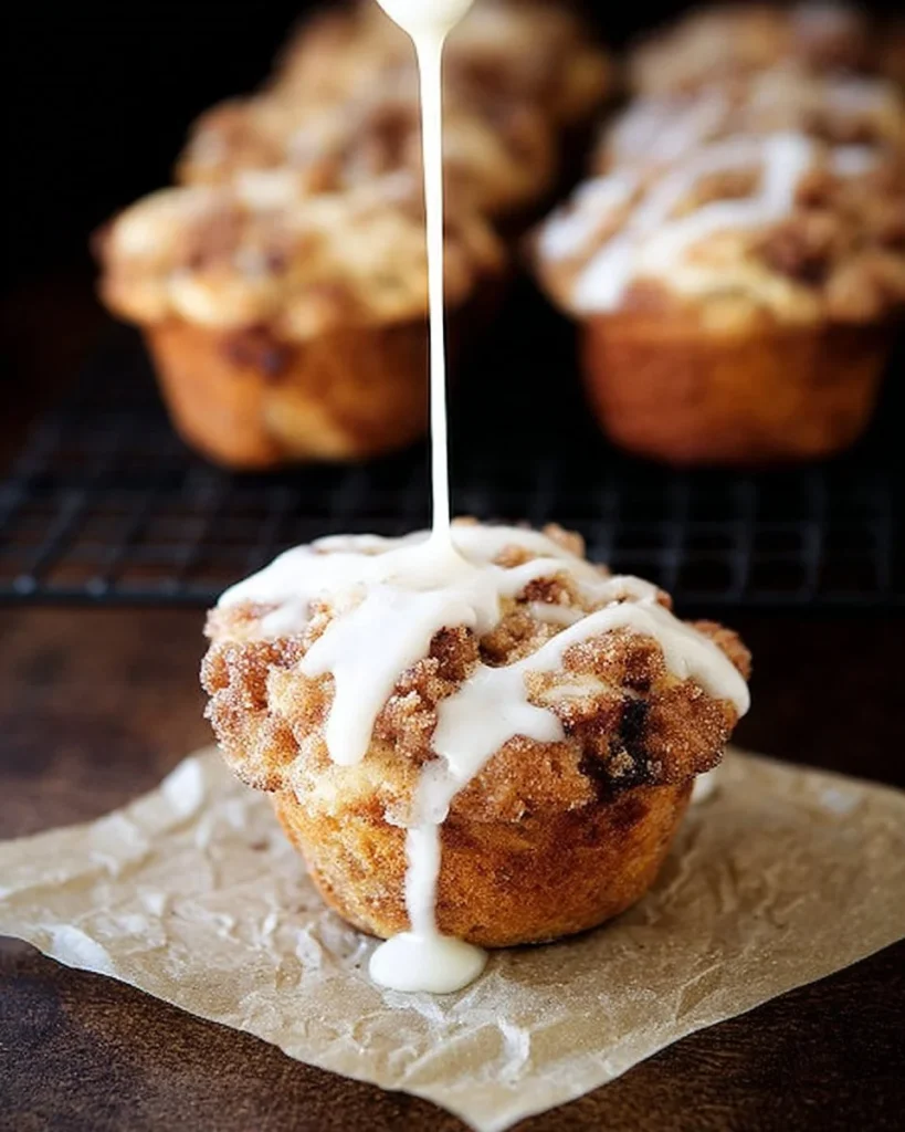 Freshly baked cinnamon roll muffins with a swirl of cinnamon and icing.
