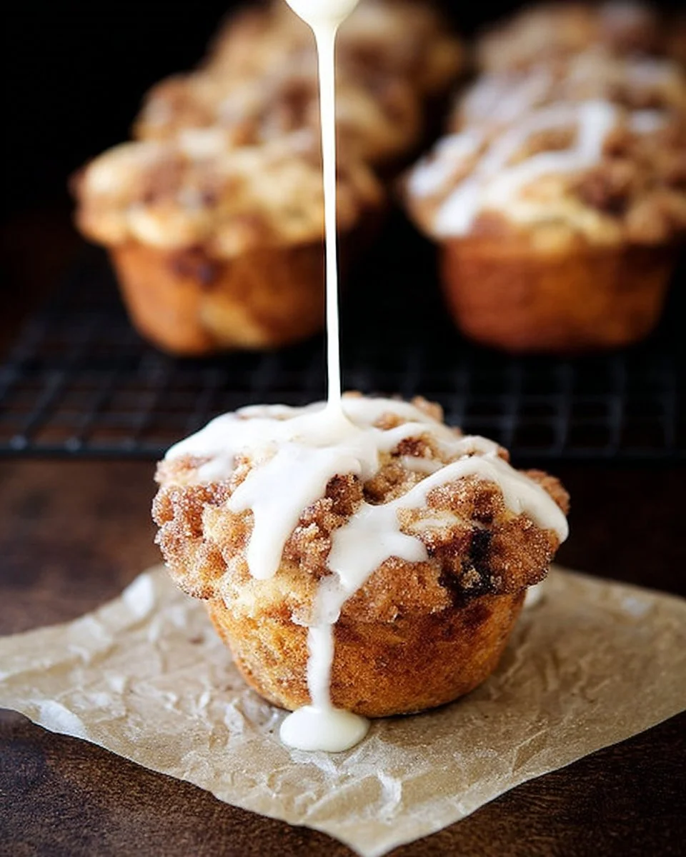 Freshly baked cinnamon roll muffins with a swirl of cinnamon and icing.