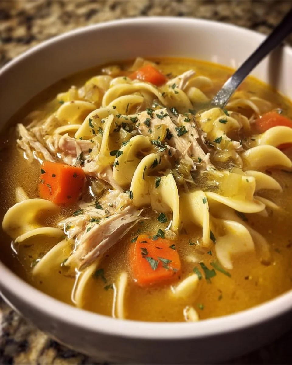 Bowl of classic chicken noodle soup with noodles, chicken, and vegetables