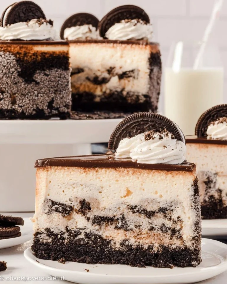 Delicious Cookies and Cream Cheesecake topped with chocolate cookie crumbles.