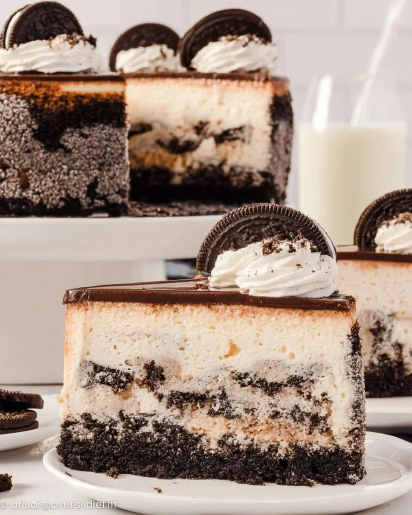Delicious Cookies and Cream Cheesecake topped with chocolate cookie crumbles.