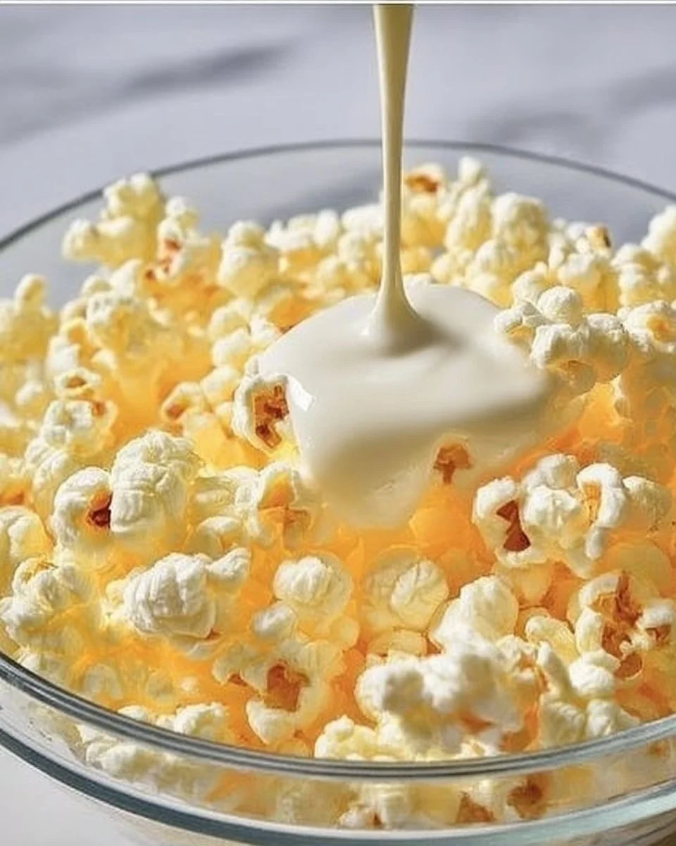Delicious corn puffs coated in almond bark on a wooden serving platter.