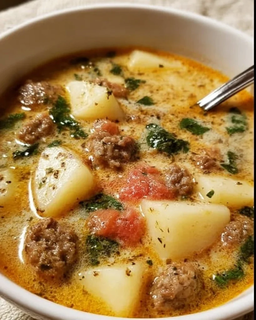 Cozy Italian sausage and potato soup in a bowl, garnished with fresh herbs.