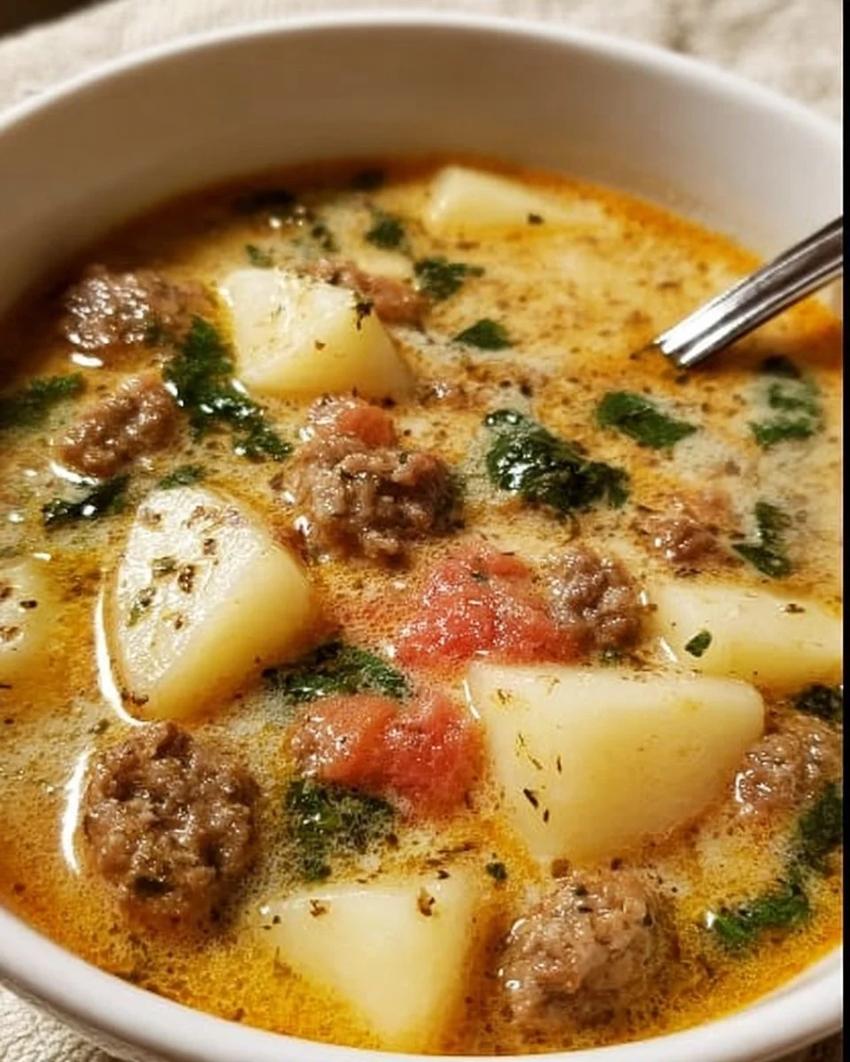 Cozy Italian sausage and potato soup in a bowl, garnished with fresh herbs.