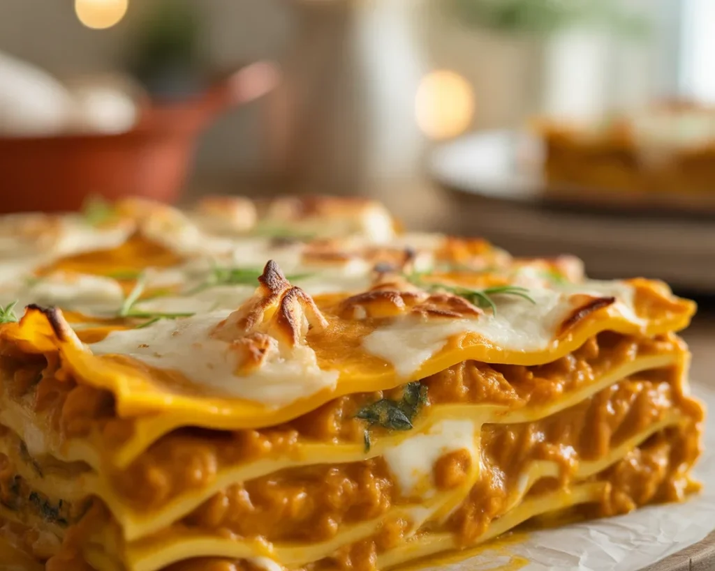 Delicious Pumpkin Lasagna with creamy layers and spinach, perfect for fall dinners.