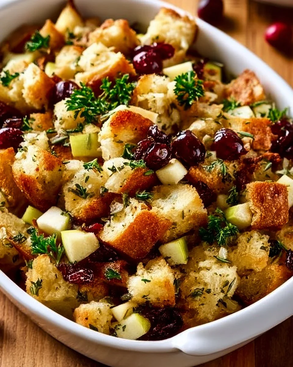 A bowl of flavorful cranberry apple stuffing, perfect for holiday meals.