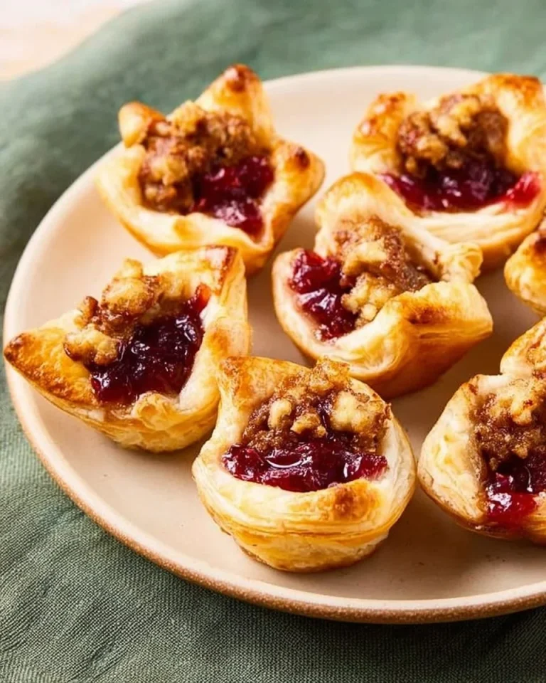 Deliciously baked Cranberry Brie Bites with a flaky pastry crust and tart cranberry topping.