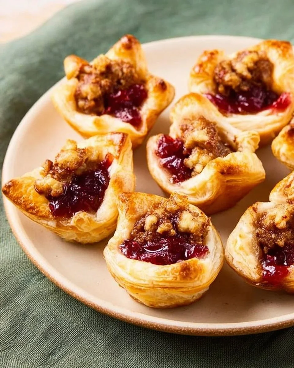 Deliciously baked Cranberry Brie Bites with a flaky pastry crust and tart cranberry topping.