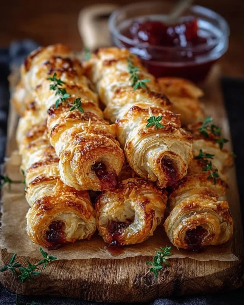Cranberry Brie Puff Twists with Fresh Thyme on a serving plate