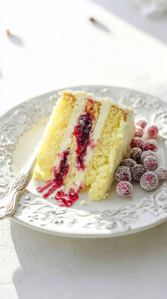 Moist cranberry cake slice topped with fresh cranberries and frosting